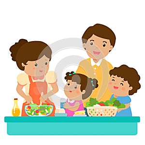 Šťastná rodina vařit zdravý jídlo společně návrh malby znak 