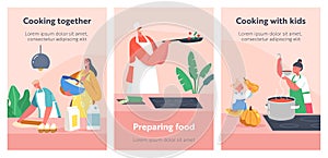 Happy Family Cooking at Home Cartoon Posters. Father, Mother and Kids on Kitchen Preparing Food, Parents and Children