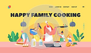 Happy Family Cooking Landing Page Template. Father, Mother and Kids on Kitchen Preparing Food, Parents and Children