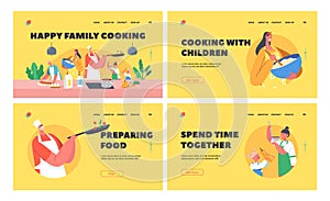 Happy Family Cooking Landing Page Template Set. Father, Mother and Kids on Kitchen Preparing Food, Weekend Recreation