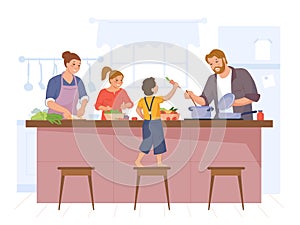 Happy family cooking. Mother, father and kids cook home dinner at kitchen table, culinary hobby, recipe meal, swanky