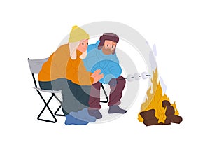 Happy family couple cartoon characters frying marshmallow on camp fire enjoying winter picnic