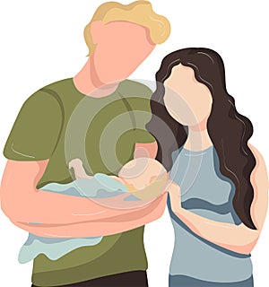 Happy family couple holding newborn baby. Wife and husband are holding their babe. Vector flat illustration