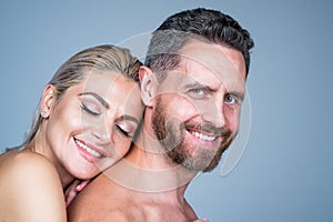happy family couple in love of undressed man and woman embracing, love