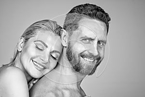 happy family couple in love of undressed man and woman embracing, love