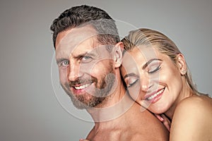 happy family couple in love of undressed man and woman embracing, love