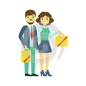 Happy family couple with shopping bags. Family shopping colorful character vector Illustration