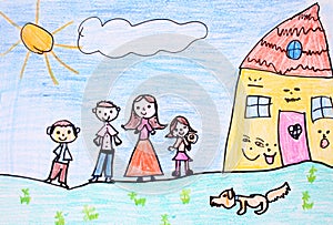 Happy family - crayon drawing