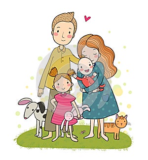 A happy family. Cute cartoon dad, mom, daughter and baby. Funny cat and dog. Pets