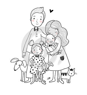 A happy family. Cute cartoon dad, mom, daughter and baby. Funny cat and dog. Pets