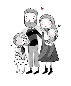 A happy family. Cute cartoon dad, mom, daughter and baby. Funny cat and dog. Pets