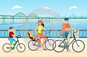 Happy family cycling flat vector illustration. Couple with children, mother, father and kids cartoon characters. People