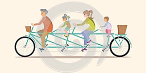 Happy family cycling tandem bicycle isolated on background