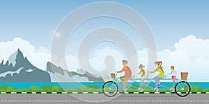 Happy family cycling tandem bicycle in summer landscape with mountain and lake