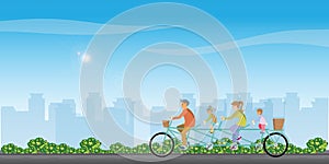 Happy family cycling tandem bicycle on treet on city view background