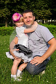 Happy family, dad daughter hugs