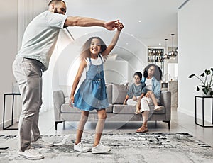 Happy family, dance and music in a living room by girl and father playing, bonding and happy in their home. Kids