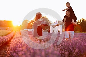 happy family day. Young mother and father carrying on shoulders daughter in lavender field on sunset. Dad, mom and child