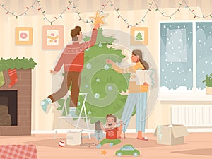 Happy family decorates Christmas tree at home. Dad, mom and child are preparing for the New Year holidays