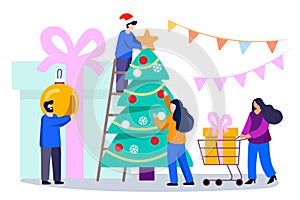 Happy family decorates a Christmas tree vector illustration of a flat design