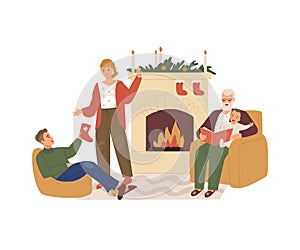 Happy family decorates the fireplace. New Year and Christmas. Isolated on a white background.