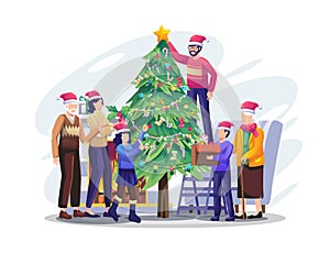 Happy family decorating the Christmas tree together prepare for Christmas and new year holiday. Flat vector illustration