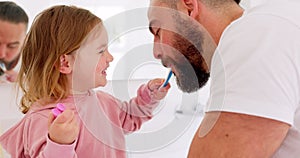 Happy family, dental and brushing teeth with girl and father in bathroom for hygiene, learning and grooming. Love, teeth