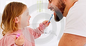 Happy family, dental and brushing teeth with girl and father in bathroom for hygiene, learning and grooming. Love, teeth