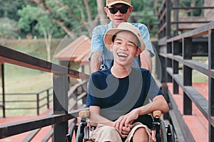 Happy family disability kid on holiday travel concept