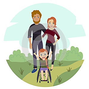 Happy family with disabled wheelchair girl photo
