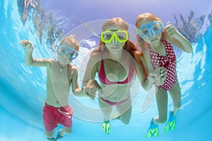 Happy family dive underwater with fun in swimming pool