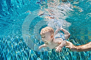 Happy family dive underwater with fun in swimming pool