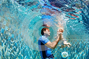 Happy family dive underwater with fun in swimming pool