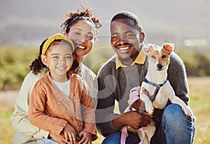 Happy family, dog and portrait and a park, relax and smile while bonding in nature, calm and cheerful. Happy, black