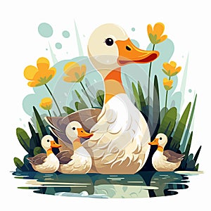 Happy family. Duck kids with mother. Reeds in pond. Ducklings group. Vector tidy illustration