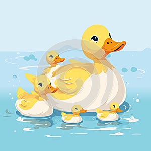 Happy family. Duck kids with mother. Reeds in pond. Ducklings group. Vector tidy illustration