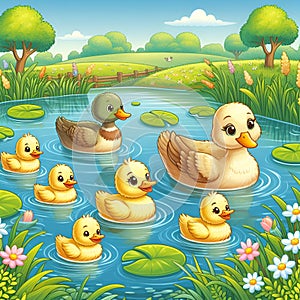 A happy family of ducks in a pond, with the fluffy ducklings following behind, in cartoon style, animal design, flowers, animal