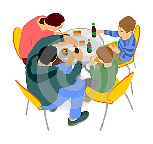 Happy family eating and drinking  together in fast food restaurant vector illustration. Parents and kids fun. Mother and father.