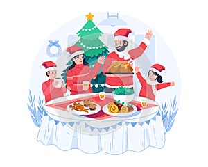 Happy Family Enjoying Christmas Dinner Together at Home. Parents and Children in Santa Hats Sitting Around the Table