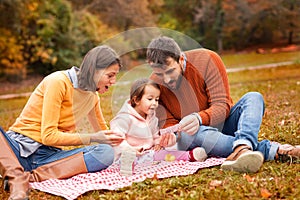 Happy family enjoying picnic in nature