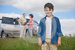 Happy family enjoying road trip and summer vacation