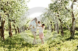 Happy family enjoying spring together at apple orchard