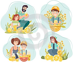 Happy family enjoys the outdoors while sipping refreshing lemonade and sharing moments of joy.Fruit drink, mother