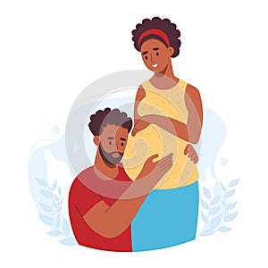 Happy family. Ethnical dark skin couple expecting baby. Pregnant woman with big belly and her husband. Vector