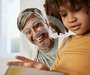 Happy family face, grandmother and child reading book, homework and bonding with babysitting senior woman. Knowledge