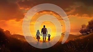 Happy family: father and child daughter on nature on sunset