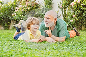 Happy family father and child on meadow with a kite in the summer on green grass. Men generation. Happy child with