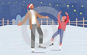 Happy Family of Father and Little Daughter Skating on Open Air Rink in Winter. Dad with Girl Spend Time Together in Park