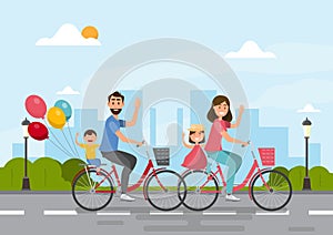 Happy family. father, mother, boy and girl riding on a bicycle together