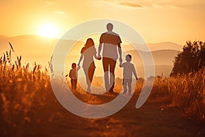 Happy family father, mother and child daughter launch a kite on nature at sunset. Generative AI